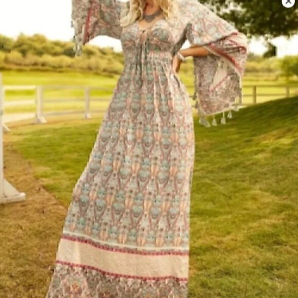 Bohemian Floral Print Woven Bell Sleeve Flounce Peasant Maxi Hippie Dress L - Picture 5 of 12